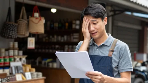 A small business owner looking relieved while holding a document, with a subtle background showing a traditional market or a small shop, optimistic tone, warm lighting.