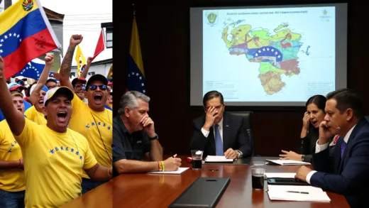 A split image. On one side, jubilant Venezuelan citizens celebrating in the streets. On the other side, Chinese officials in a dimly lit, somber meeting room, looking shocked and frustrated, with a map of Venezuela on a screen in the background.