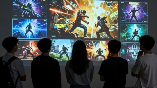 A group of diverse young people looking thoughtfully at a holographic projection of various game genres, with some turning away from an intense battle scene. Dynamic lighting.