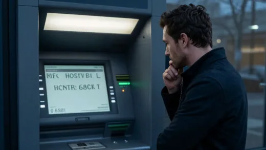 A man standing in front of an ATM at dawn, looking at his bank balance with a thoughtful expression. The screen shows a significant amount of money. The scene evokes a sense of financial decision-making and contemplation.