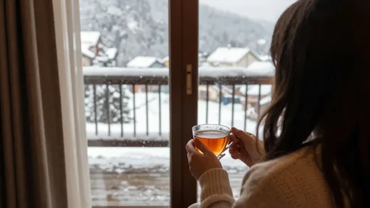 A cozy, warm-toned image of a person looking out at a snowy landscape from a luxurious hotel room, holding a cup of hot tea, with soft lighting and a hint of winter magic.