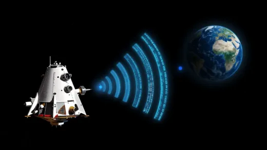 A stylized image of the Voyager spacecraft in deep space, with faint radio waves connecting it to a distant Earth, represented by a faint blue dot. The radio waves are highlighted with digital code patterns.