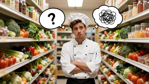 A bewildered chef standing in a giant pantry overflowing with countless fresh ingredients, looking overwhelmed and confused, with thought bubbles showing question marks and tangled cooking ideas. The scene is bright but the chef's expression is one of slight panic.
