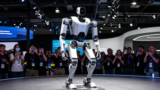 A dynamic, futuristic scene at CES 2026, with the new, all-electric Atlas robot standing confidently on a stage, surrounded by flashing lights and an enthusiastic crowd capturing photos and videos. The robot has a sleek, industrial design, with clear indications of its advanced movement capabilities.