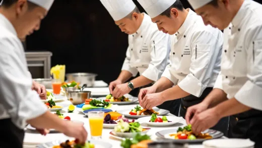 Intense cooking competition, chefs focused on their dishes, a wide array of colorful ingredients on a long table, close-up of hands preparing food, dynamic lighting.