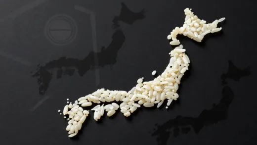 A dramatic image of rice grains symbolizing rising prices, with a silhouette of Japan in the background. The atmosphere is urgent and crisis-like.