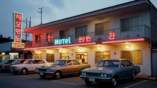 A vibrant, nostalgic image of a bustling South Korean motel exterior in the late 1980s or early 1990s, with bright neon signs and classic cars, reflecting its golden era of prosperity.