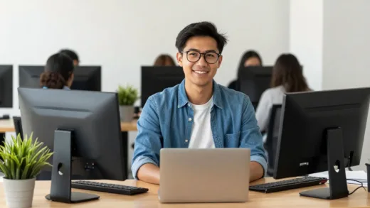 A determined young entrepreneur smiling in their small business, surrounded by modern office equipment and a bustling work environment, representing growth and opportunity. The overall tone is hopeful and empowering.