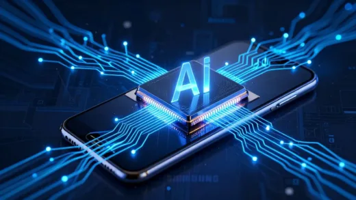 A dynamic image of a sleek, futuristic smartphone chip with glowing circuits, symbolizing advanced AI capabilities, set against a backdrop of flowing data streams and a subtle, integrated Samsung logo.