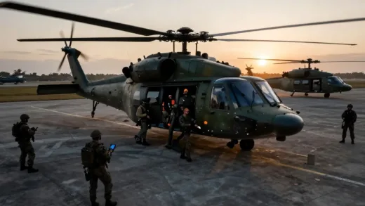 Dramatic illustration of a covert military operation in Venezuela at dawn, with helicopters and special forces, capturing political figures. Emphasize secrecy and precision. High-angle shot.