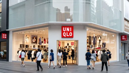 A bustling Uniqlo store in a major global city, showcasing diverse customers and modern architecture, with a subtle overlay of Fast Retailing's logo and its various brand logos like GU, Theory, Helmut Lang.