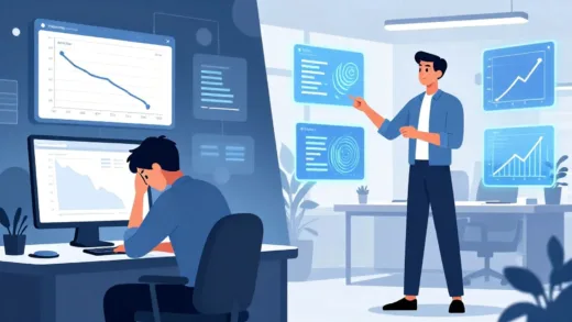 A digital illustration depicting two contrasting scenes. On one side, a designer sits dejectedly in front of a computer, looking at a plummeting price chart, with AI-generated designs subtly shown on the screen. On the other side, a confident individual, now a "CEO," stands in a brightly lit modern office, commanding multiple AI interfaces (represented by abstract light patterns or digital assistants), with a rising project value graph in the background. The overall aesthetic should be futuristic and impactful, highlighting the divergence.