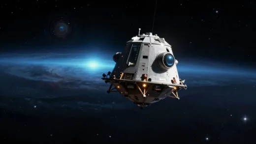 A futuristic space probe, Voyager 1, with a faint blue glow in the background, symbolizing its long journey and dwindling power, surrounded by stars and nebulae. Emphasize a sense of both wonder and impending farewell.