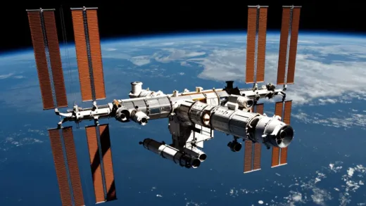 A futuristic space station orbiting Earth, with the fading image of the International Space Station (ISS) in the background. The new station is sleek and modern, bathed in sunlight.