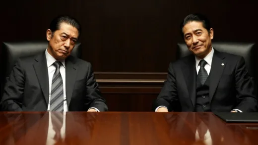 A dimly lit, luxurious office with two men, one in a sharp suit looking authoritative and slightly irritated, the other, a Yakuza leader, with a subtle, confident smirk across a large, polished wooden table. Tense atmosphere, power dynamics in play.
