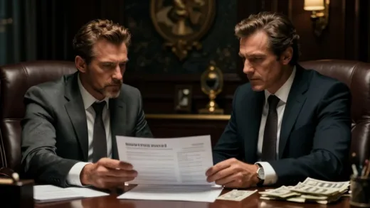A captivating image of two powerful men in a dimly lit, luxurious office, one presenting a bold proposal, the other listening intently. The atmosphere is tense and filled with anticipation, with subtle hints of money and power.