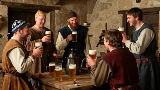 A historical scene depicting medieval European households brewing beer at home, with people happily interacting and sharing homemade beer, rustic setting, warm lighting, folk art style.