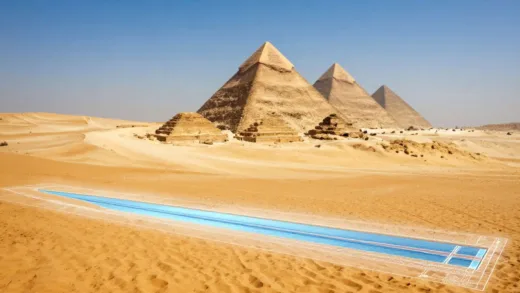 A breathtaking wide shot of a vast, golden desert landscape under a clear blue sky, with faint shimmering lines representing ancient, grand engineering projects like pyramids or old canals, subtly hinting at human ambition and the recurring theme of challenging nature. In the foreground, a modern blueprint or holographic projection of a large-scale water project is overlaid, representing the blend of history and future ambition.