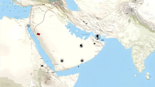 A historical map of Somalia showing its geographical importance, with overlays of drought and famine symbols. In the background, vague outlines of colonial flags or influences.