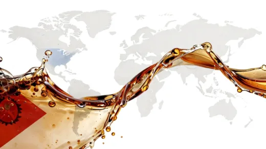 An abstract image showing intertwined streams of water and dark cola, with subtle outlines of world maps and national flags in the background, suggesting conflict and resources. The mood is serious and thought-provoking.