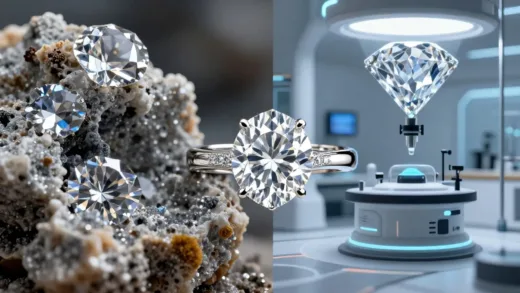 A sparkling diamond ring at the center, with natural geological formations on one side (representing natural diamonds) and a futuristic, high-tech laboratory setting on the other (representing lab-grown diamonds), symbolizing the shift and the intersection of nature and technology. Focus on the contrast and the new era.