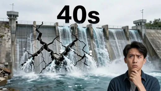 A visual metaphor of a dam with multiple cracks leaking water, representing financial outflows in the 40s. A person looking concerned but determined.