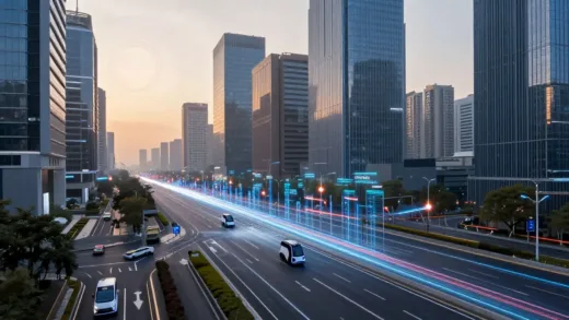 A vibrant, futuristic cityscape at dawn, with sleek autonomous vehicles smoothly navigating smart roads. Digital data streams subtly flow between buildings and vehicles, symbolizing an interconnected physical AI ecosystem.