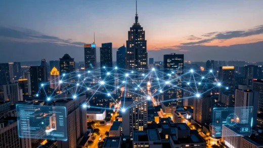 A futuristic digital cityscape at dusk, with glowing network lines connecting various buildings and devices, symbolizing the pervasive and interconnected nature of advanced AI. In the foreground, subtle holographic interfaces suggest human interaction with AI.