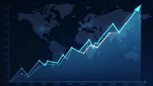 A dynamic image representing a bustling stock market chart reaching new heights, with a subtle, ominous shadow of international politics or a global map in the background, hinting at underlying tension.