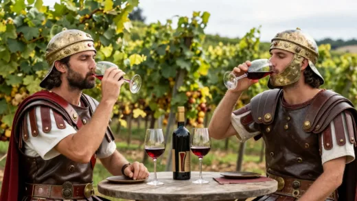Ancient Roman soldiers in Germany drinking wine, with a backdrop of flourishing vineyards. The scene should convey a sense of historical opulence and a different era for German beverages.