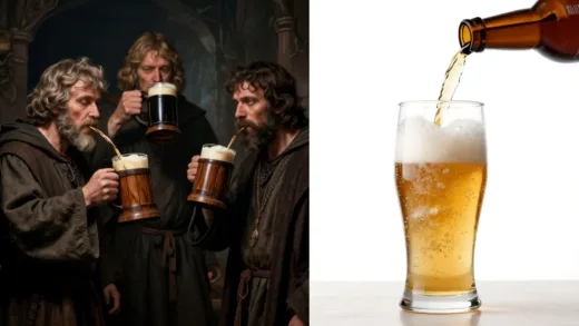 A captivating image showing a split scene. On one side, an old, dark, almost mystical rendering of medieval people drinking opaque dark beer from wooden tankards. On the other side, a modern, bright, and inviting scene of a clear, golden lager being poured into a transparent glass, symbolizing a revolution in beer history. Focus on the contrast and the surprise element.