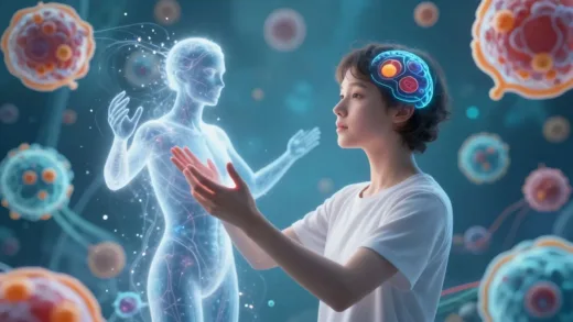 A mysterious and ethereal conductor figure made of light and energy, subtly influencing various aspects of the human body and mind, set against a backdrop of vibrant, healthy cells and a person with a radiant, youthful glow.