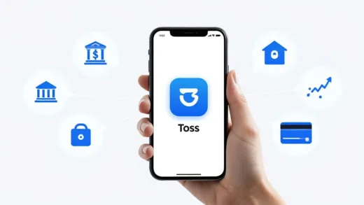 A hand holding a smartphone displaying the Toss app interface, surrounded by various financial icons (bank, insurance, stock, credit card), all connected by glowing lines to the central Toss app, symbolizing a comprehensive financial super-app.