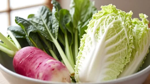 A close-up shot of a beautifully arranged Korean temple food dish, featuring fresh, vibrant vegetables like a radish, cabbage, and other seasonal ingredients, with a soft, natural light illuminating it. The setting is serene and simple, evoking peace and health.
