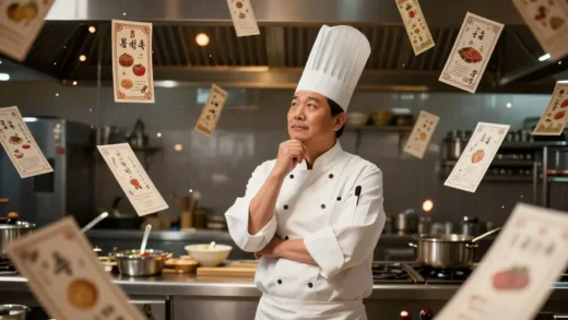 A master chef, Im Seong-geun, standing in a vast kitchen, surrounded by countless floating recipe cards and ingredients, looking thoughtful and wise. The atmosphere is magical and inspiring.