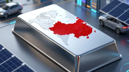 Dramatic image of a silver bar with a world map reflected on its surface, showing red highlights over China and the US, symbolizing geopolitical tension and strategic resources. Futuristic cityscapes with electric cars and solar panels are subtly visible in the background.