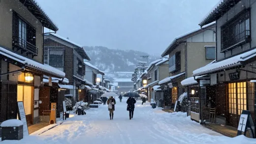 A snowy street scene in Akita, Japan at dusk, heavy snow falling, traditional Japanese buildings with warm lights, a few people walking with umbrellas, an overall magical and serene winter atmosphere.