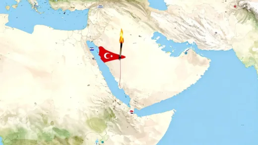 Map of East Africa showing Somaliland, Somalia, and the Red Sea. Highlight the Red Sea trade route. Show subtle indications of geopolitical tension with flags of Turkey, Israel, and Somalia. A burning fuse leading to Somaliland on the map.