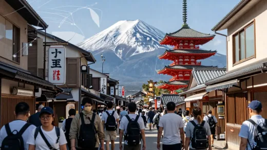 A bustling, vibrant street scene in Japan with many diverse tourists, enjoying landmarks like Mount Fuji or a traditional temple. Overlaying this vibrant scene, there's a subtle, almost ethereal digital glich effect or a faint, shadowy network of data lines, symbolizing the hidden digital deficit amidst the apparent prosperity. The contrast should be clear but not jarring.