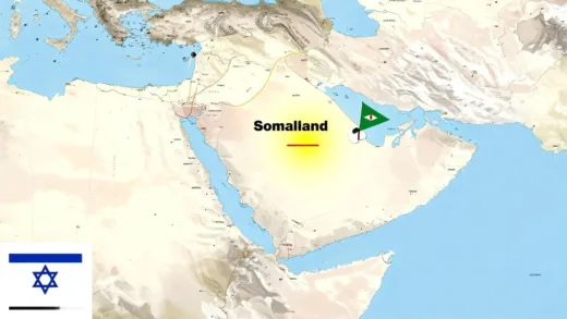 A map highlighting Somaliland's location in the Horn of Africa, with a spotlight on its independence declaration in 1991 and its de facto statehood. Include flags of Somaliland and Israel.