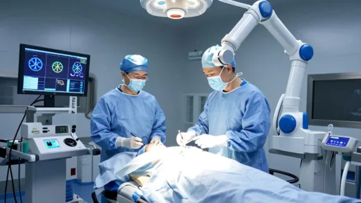 A futuristic operating room scene with a surgeon remotely controlling a multi-armed Da Vinci surgical robot over a patient, with glowing screens and advanced medical technology, realistic, high detail.