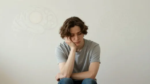 A person sits alone, reflecting with a thoughtful expression, surrounded by swirling abstract emotions. The background shows a subtle brain graphic, hinting at internal processes. Soft, calming colors are used.