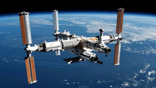 A futuristic, sleek private space station orbiting Earth, with the blue planet visible in the background. Emphasize innovation and a sense of discovery. The space station should look like an advanced scientific facility, not a military one.