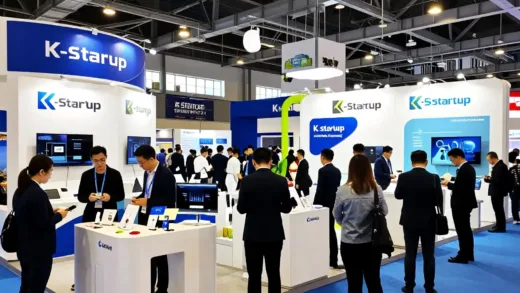 A vibrant and crowded exhibition hall at CES Eureka Park, with many booths featuring the 'K-Startup' logo. Korean entrepreneurs are actively engaging with global visitors, showcasing innovative technologies. The atmosphere is energetic and futuristic.