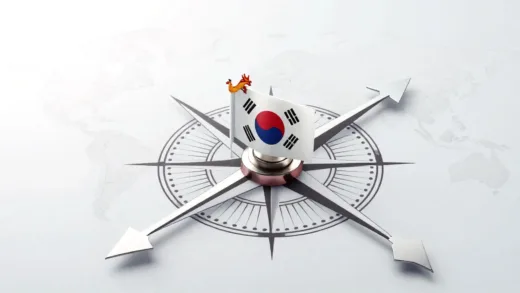 The image should show a digital compass with two arrows, one pointing towards a stylized Chinese dragon and the other towards an American eagle. The Korean flag is at the center of the compass. The background could be a blurred image of a global economic map with trade routes.