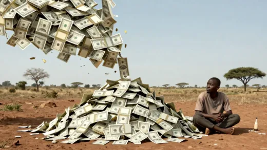 A visual representation of a paradox: a large pile of money transforming into increasing poverty in an African landscape, with a questioning look, digital art.