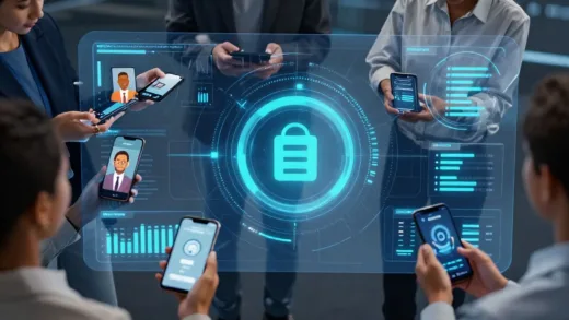 A futuristic financial interface with AI elements, depicting diverse people from emerging markets accessing financial services on smartphones, with a focus on trust and accessibility.