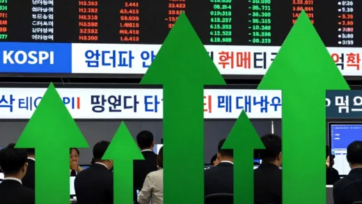 A bustling stock exchange with green upward arrows, but a subtle hint of unease or caution in the background, showing some foreign investors quietly leaving. The overall mood should be celebratory but with a hidden tension. Korean financial news headlines visible in the background, some celebrating KOSPI rally, some showing subtle warnings.