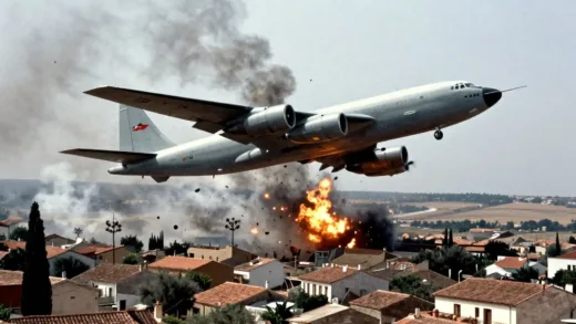 A dramatic scene of a B-52 bomber and a KC-135 refueling tanker colliding mid-air over a Spanish village during the Cold War. Flames and debris are visible, but the village below appears miraculously calm and untouched by the falling wreckage. Historical accuracy, intense, documentary style.