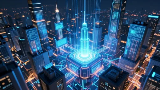 A bustling digital city with various AI applications represented as glowing lines and structures, converging towards a central, powerful engine. The atmosphere is vibrant and futuristic, suggesting rapid innovation and growth.